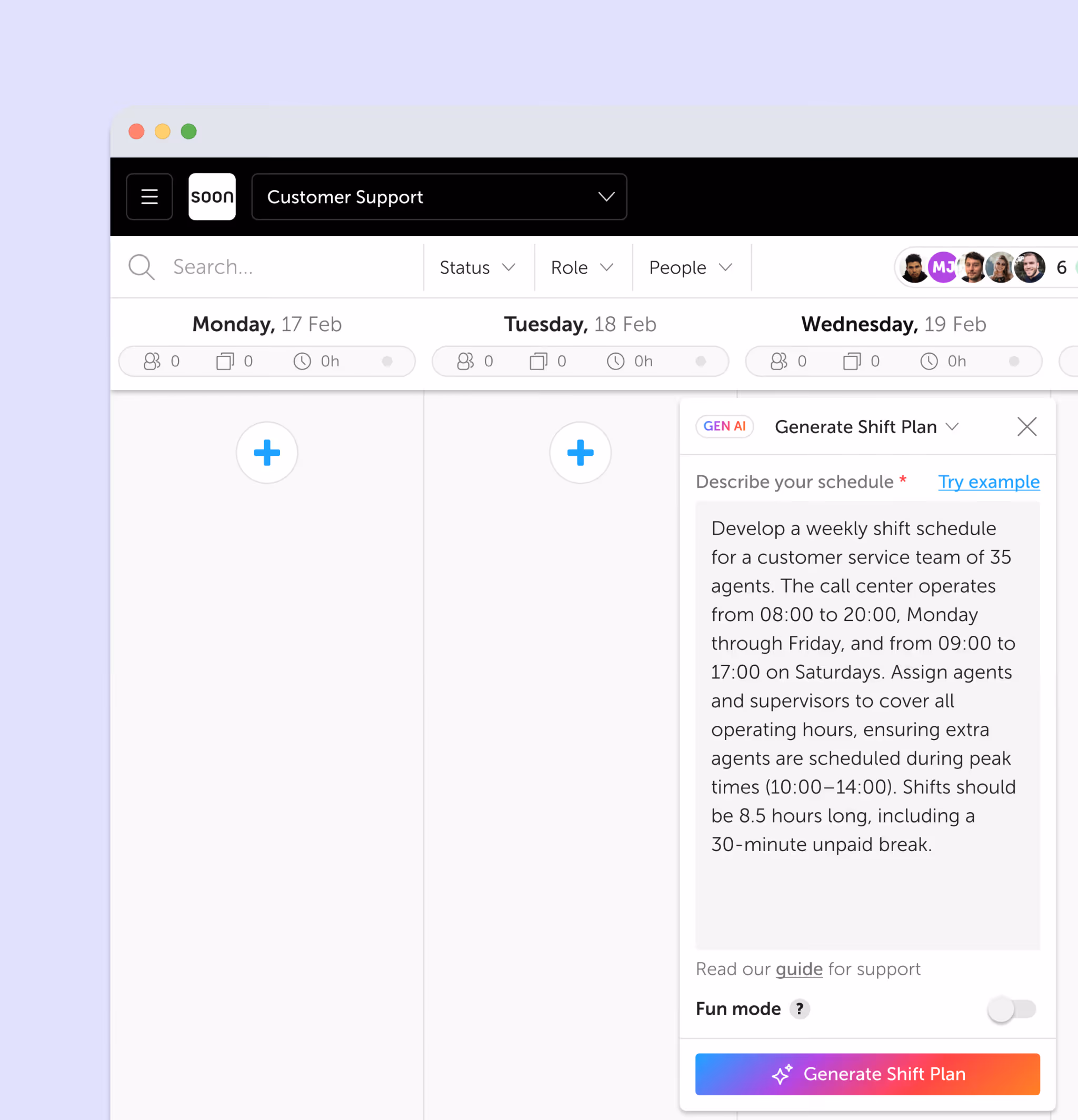 AI assistant in Soon generating a shift plan from a natural language prompt