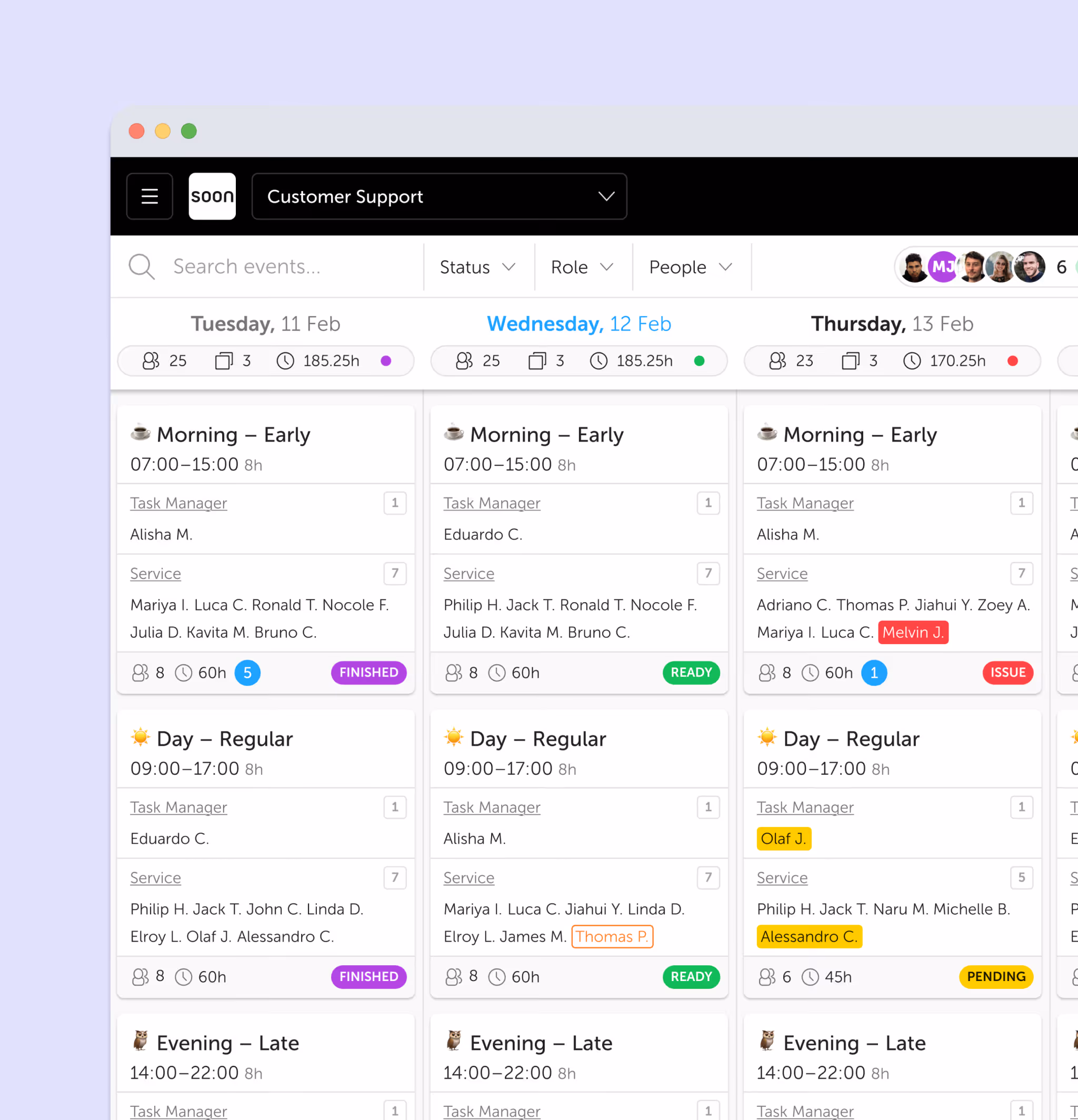 Weekly schedule view from Soon showing color-coded shifts across team members