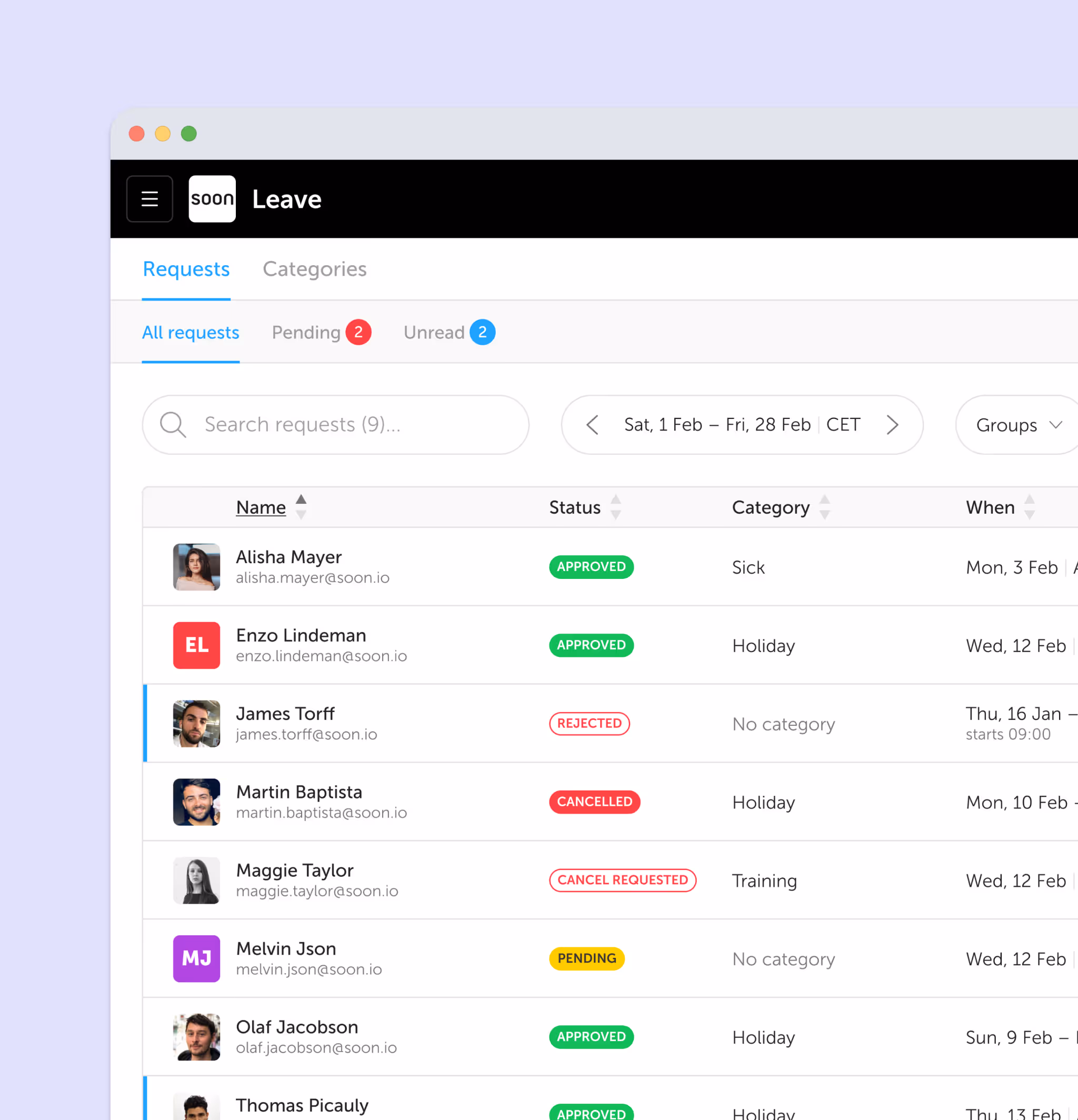 Time-off tracking view in Soon showing leave requests and approval statuses